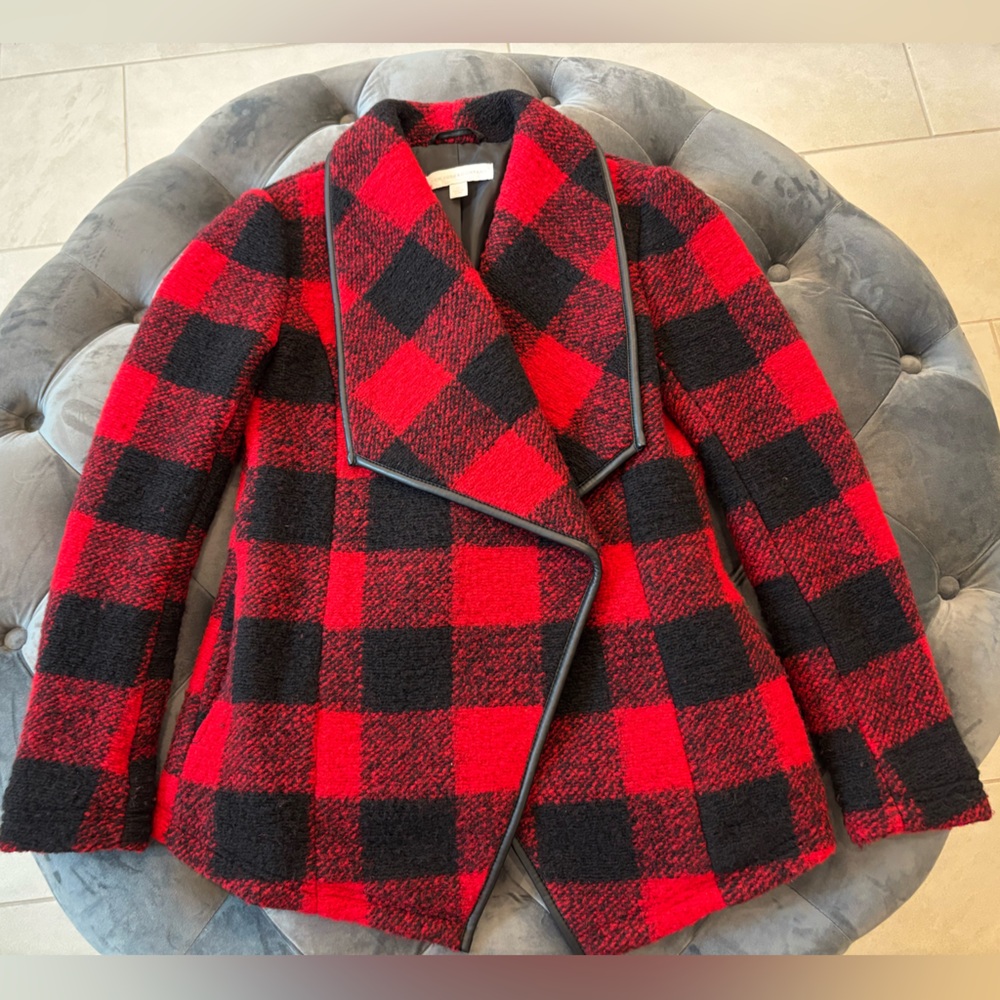 New York & Company Red and Black Plaid Wool Jacket with Black Faux Leather Trim